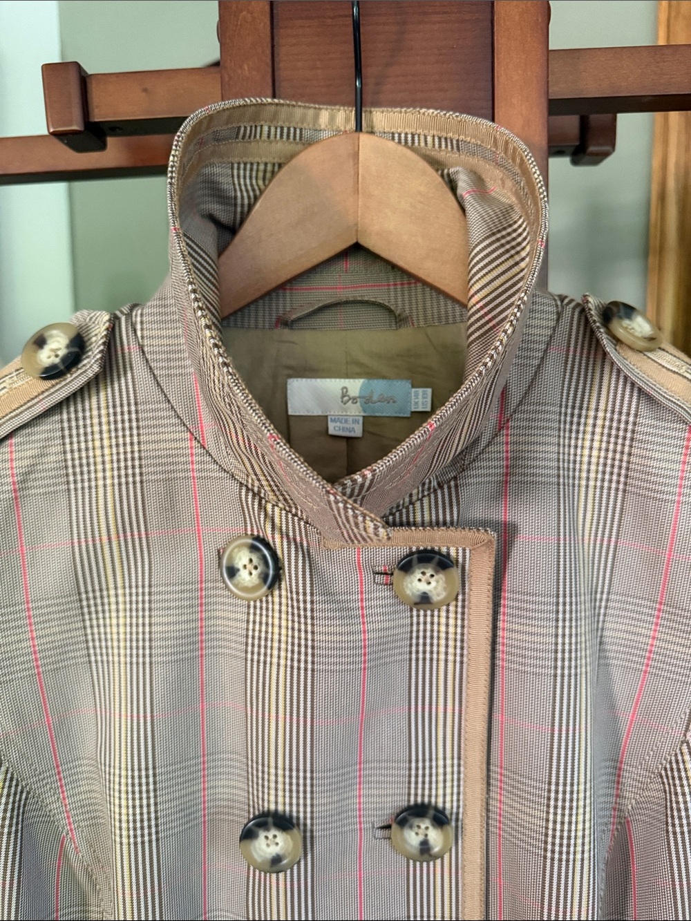 Boden Beige Plaid Trench with Pink Stripe - Picture 2 of 5